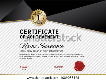 Official certificate of appreciation award template with black and golden shapes and badge