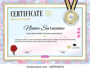 Official certificate with badge and wafer. Vector template. PInk blue border and gold design elements. Light official blank. Business elegant background. 