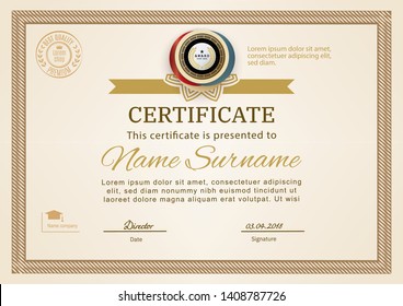 Official certificate with beige simple border. Business beige modern design. Gold emblem.