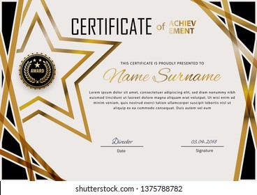 Official certificate with blue design elements. Business modern design. Gold emblem