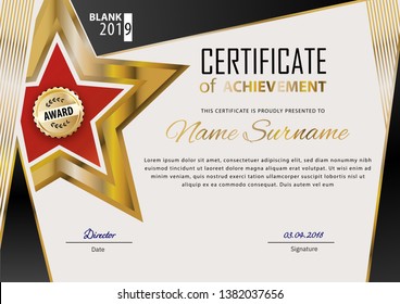 Official certificate with blue design elements. Business modern design. Gold emblem