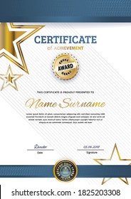 Official certificate with blue design elements. Business modern design. Gold emblem and stars