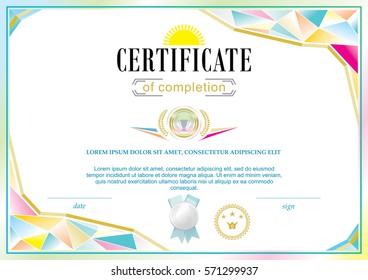 Official certificate, Colorful triangle elements and sun.