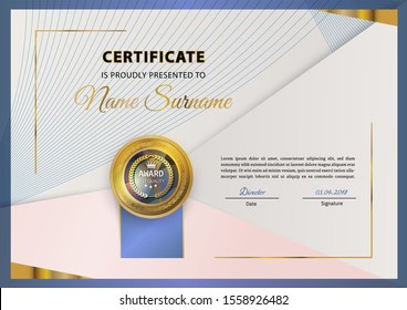 Official certificate with gold blue design elements. Vintage modern blank with gold emblem