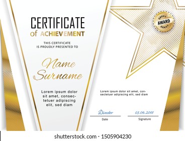 Official Certificate With Gold, Transparent Design Elements And Gold Star. Business Modern Design. Gold Emblem