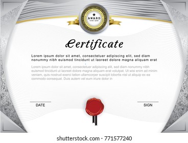  Official certificate. Grey gradient border and emblem, grey and gold design elements on white background.