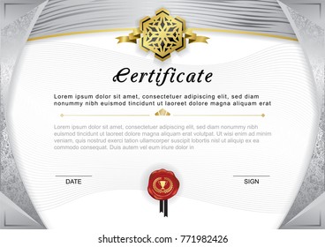  Official certificate. Grey gradient border and emblem, grey and gold design elements on white background.