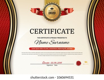 Official certificate with red gold wave design elements. Red ribbon and gold emblem. Vintage modern blank