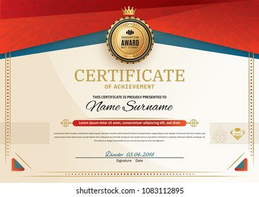 Official certificate with red turquoise square design elements. Red ribbon and gold emblem. Vintage modern blank
