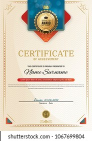 Official certificate with red turquoise wave design elements. Red ribbon and gold emblem. Vintage modern blank