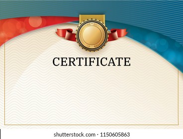 Official certificate with red turquoise wave design elements. Red ribbon and gold emblem. Vintage modern empty blank