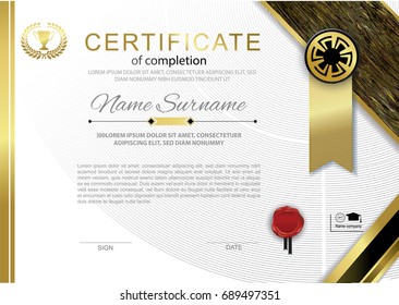 Official certificate. White background and gold black design elements. Red wafer and gold emblem
