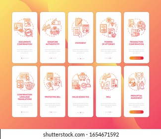 Official certification onboarding mobile app page screen with concepts set. Agreement affirmation. Walkthrough 5 steps graphic instructions. UI vector template with RGB color illustrations