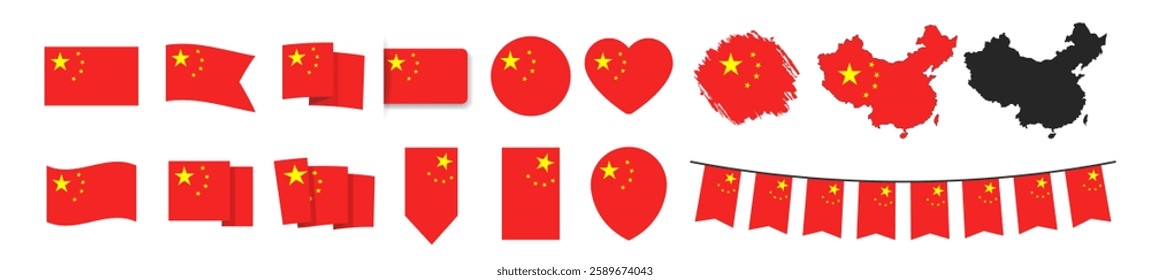 Official China flag set. Map set of icons and different shapes. Flat style. National symbol isolated on transparent background.