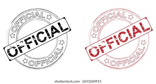 "Official" Circular Rubber Stamp Design in Black and Red with Grunge Texture and Stars. EPS vector illustration