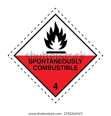 Official Class 4 Spontaneously Combustible hazard label featuring flame symbol and red lower half design. Suitable for self-heating materials, dangerous goods transport, chemical storage, freight vehicles, warehouses and ADR, IMDG, IATA compliance.