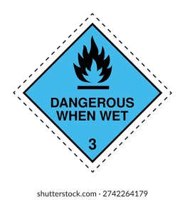 Official Class 4.3 Dangerous When Wet hazard label featuring flame symbol and blue background. Designed for water reactive substances used in chemical transport, freight, warehouse storage and regulatory compliance under ADR, IMDG and IATA rules.
