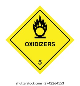 Official Class 5.1 Oxidizers hazard label featuring flame over circle symbol on yellow background. Designed for oxidizing substances used in chemical transport, warehouse storage, freight operations and ADR, IMDG, IATA regulatory compliance.