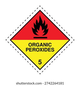 Official Class 5.2 Organic Peroxides hazard label featuring red and yellow background with flame symbol. Suitable for chemical packaging, dangerous goods transport, warehouse storage and compliance with ADR, IMDG and IATA regulations.