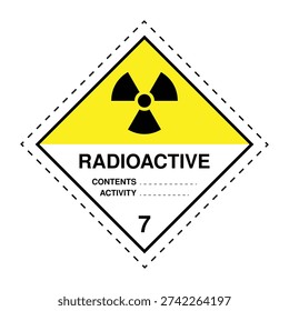 Official Class 7 Radioactive hazard label featuring radiation trefoil symbol and content or activity fields. Suitable for radioactive materials transport, medical isotopes, industrial sources and compliance with ADR, IAEA, IMDG and IATA regulations.