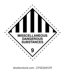 Official Class 9 Miscellaneous Dangerous Substances hazard label featuring black and white striped design. Suitable for environmentally hazardous materials, lithium batteries and regulated transport under ADR, IMDG and IATA compliance.