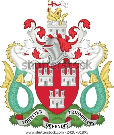 Official coat of arms vector illustration of the English administrative local authority district of the METROPOLITAN BOROUGH AND CITY OF NEWCASTLE UPON TYNE, TYNE AND WEAR