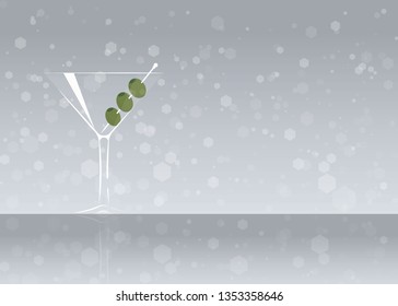 Official cocktail icon, The Unforgettable Dry Martini cartoon illustration for bar or restoration  alcohol menu in elegant style on mirrored surface.