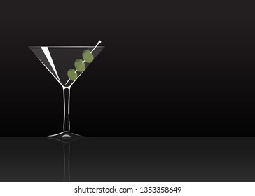 Official cocktail icon, The Unforgettable Dry Martini cartoon illustration for bar or restoration  alcohol menu in elegant style on mirrored surface.