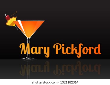 Official cocktail icon, The Unforgettable Mary Pickford cartoon illustration for bar or restoration  alcohol menu in elegant style on mirrored surface.