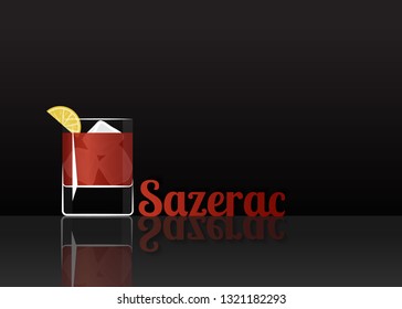 Official cocktail icon, The Unforgettable Sazerac cartoon illustration for bar or restoration  alcohol menu in elegant style on mirrored surface.