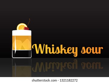 Official cocktail icon, The Unforgettable Whiskey sour cartoon illustration for bar or restoration  alcohol menu in elegant style on mirrored surface.