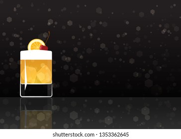 Official cocktail icon, The Unforgettable Whiskey sour cartoon illustration for bar or restoration  alcohol menu in elegant style on mirrored surface.