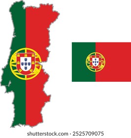 Official color map of Portugal featuring detailed borders and regions, accompanied by a prominent official flag. Ideal for educational use and cultural representation, showcasing Portugal’s geography.