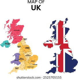 UK’s official color map is shown alongside a colorful map highlighting cities with their names labeled. This design provides a detailed view of the geography, ideal for educational and promotional use