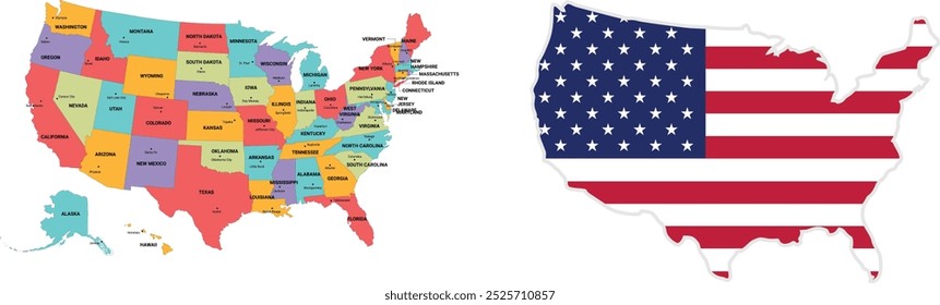 Official color map of the United States featuring state borders, accompanied by a colorful map highlighting major cities with names. Union Jack .Uk official map and colourful map in white background.