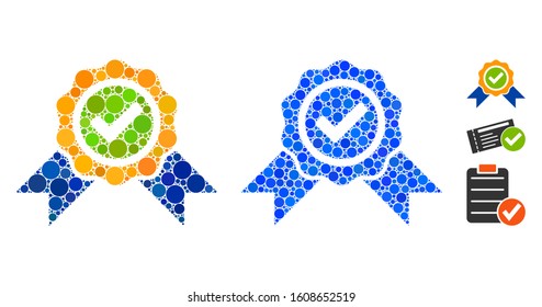 Official composition of filled circles in various sizes and color tinges, based on official icon. Vector filled circles are organized into blue mosaic. Dotted official icon in usual and blue versions.