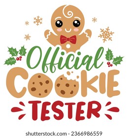 Official cookie tester vector illustration with cute boy ginger men. Kids Christmas design isolated good for Xmas greetings cards, poster, print, sticker, invitations, baby t-shirt, mug, gifts.