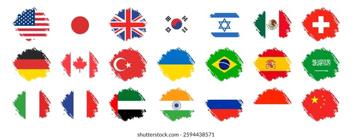 Official country falgs grange signs, countries flag banners. International travel symbols, geography or language lesson flags emblem. Big countries and the G7