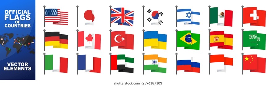 Official country falgs signs, countries flag banners. International travel symbols, geography or language lesson flags emblem. Big countries and the G7
