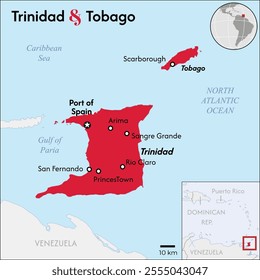 Official current country Map of unitary parliamentary constitutional republic of Trinidad and Tobago. Political map with capital Port of Spain. English labeling and scaling.