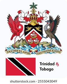 Official current vector Emblem and  flag of unitary parliamentary constitutional republic of Trinidad and Tobago. 