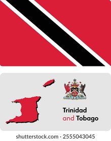 Official current vector Emblem, Island Map and  flag of unitary parliamentary constitutional republic of Trinidad and Tobago. 