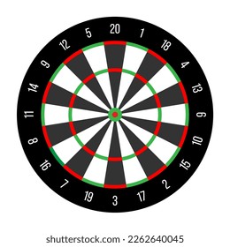 Official dartboard with numbers in 20 radial sections, double rings, triple ring, inner and outer bullseye. Simple flat vector illustration