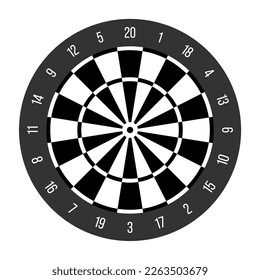 Official dartboard with numbers in 20 radial sections, double rings, triple ring, inner and outer bullseye. Simple flat vector illustration in black and white