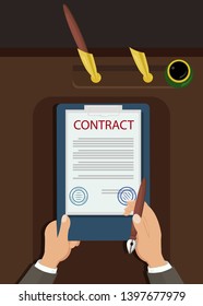 Official Declaration to Sign Vector Illustration. Hands Holding Clipboard and Pen Top View. Business Contract with Stamps, Stationery Items. Corporate Formalities, Bureaucracy, Paperwork