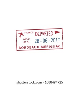 Official departure stamp to Bordeaux-Merignac airport isolated. Vector France seal with date