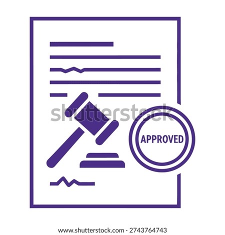 Official document featuring a judicial gavel striking a lined paper surface with a bold purple stamp seal reading approved for legal validation and compliance