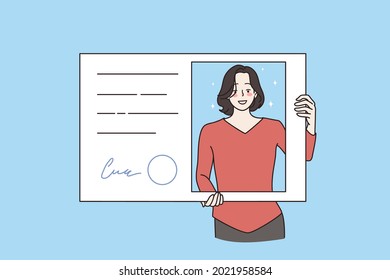 Official document and identification concept. Young smiling woman standing holding ID card in hand looking from hole vector illustration 