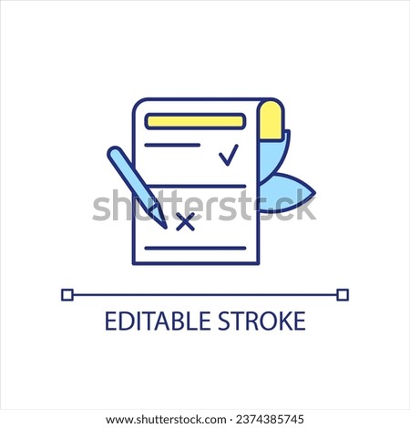 Official document with pencil yellow and blue RGB color icon. Legal paper. Organization permission. Isolated vector illustration. Simple filled line drawing. Editable stroke. Arial font used
