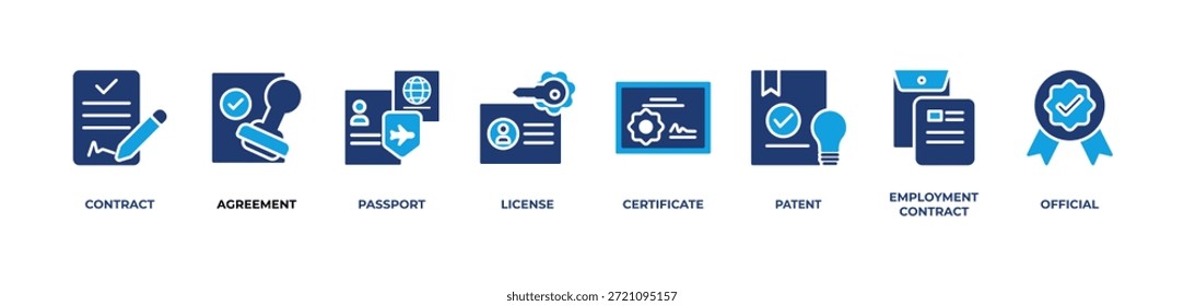 Offizielle Dokumente und Vereinbarungen Icons setzen Vektorgrafik blau mit Vertrag , Vereinbarung, Pass, Lizenz, Zertifikat, Patent, Arbeitsvertrag, Offiziell